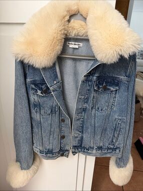 Reformation Light Blue Denim Jacket with Cream Faux Fur Collar & Cuff Trim